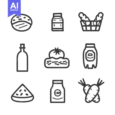 Aset premium populer: Simple line art icons depicting various food related objects