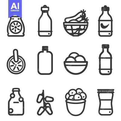 Aset premium populer: Twelve simple illustrations depicting food items and containers in an