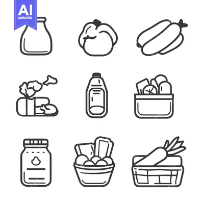 Aset desain premium: Monochrome illustrations depicting various fresh fruits and vegetables
