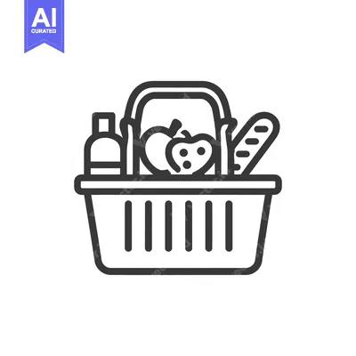 Aset desain premium: Minimalist Grocery Basket Icon with Apple, Bread, and Bottle