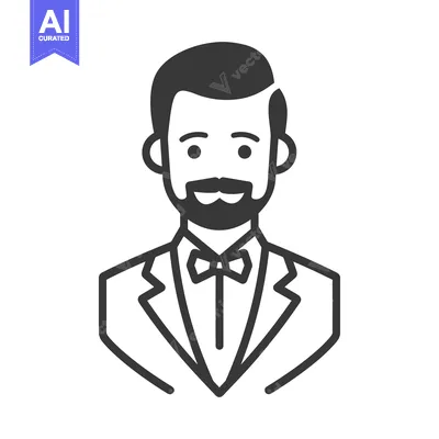 Aset premium populer: An illustrated man wearing a suit and a bow tie looks forward