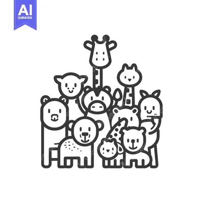 Aset desain premium: Group of Adorable Cartoon Animals in Line Art Style