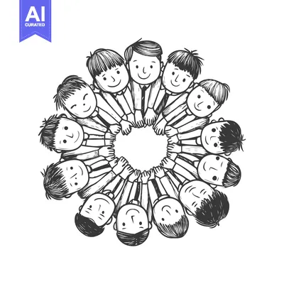 Aset desain premium: Group of Cartoon People Holding Hands in a Circle