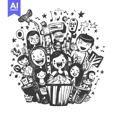 Aset desain premium: Group of Happy People Enjoying Movie Night with Popcorn and Snacks