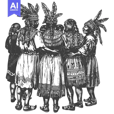 Aset desain premium: Group of Indigenous People in Traditional Dress with Feathers