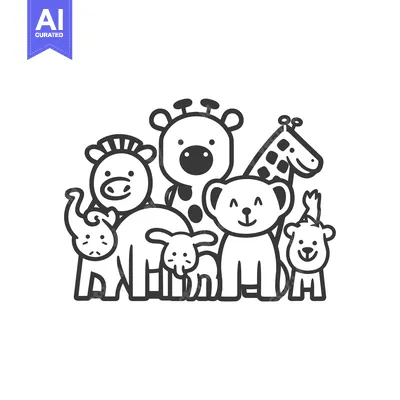 Aset premium populer: Group of Six Cartoon Animals in Black and White