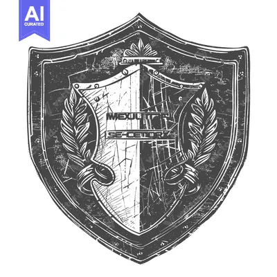 Aset desain premium: Grunge Style Black and White Medieval Shield with  Ornate Details