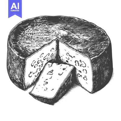 Aset desain premium: A wheel of cheese sliced into pieces showing its texture