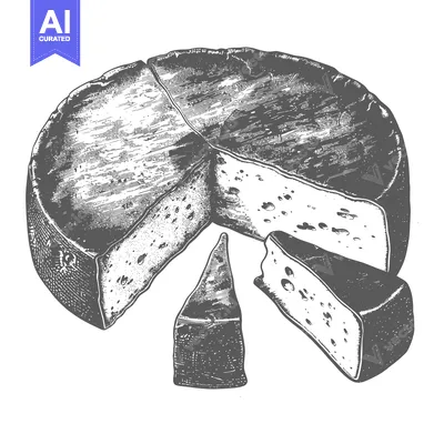 Aset premium populer: A wheel of cheese sliced into wedges and pieces