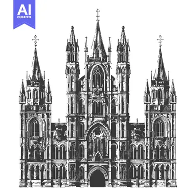 Aset desain premium: Gothic Cathedral Architectural Drawing Facade Design