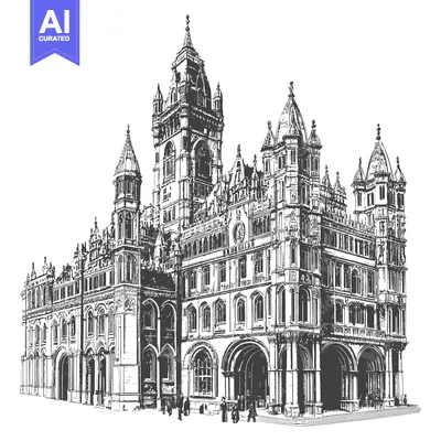 Detailed Sketch of an Imposing Gothic Style Building