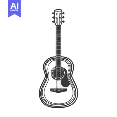 Aset premium populer: An acoustic guitar depicted in a clean and minimalist black and white