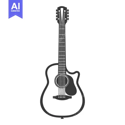 Premium design asset: A black and white image displaying a stringed acoustic guitar instrume