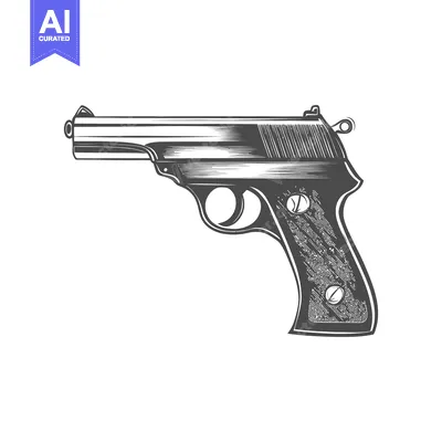 Aset desain premium: A grayscale illustration showing a detailed handgun weapon drawing