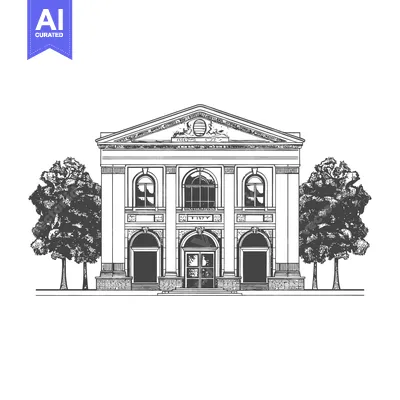 Classical Building Architectural Drawing with Trees