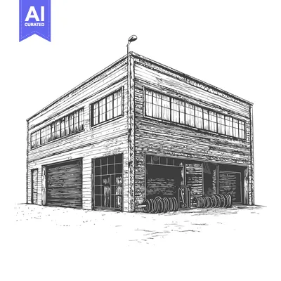 Aset desain premium: Wooden Warehouse Building With Large Garage Doors
