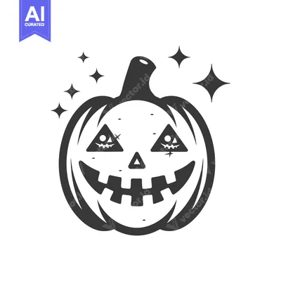 Aset desain premium: A smiling pumpkin with glowing eyes and surrounding starbursts on whit