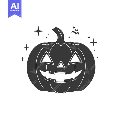 Aset desain premium: A smiling carved pumpkin illustration with stars and bats above it