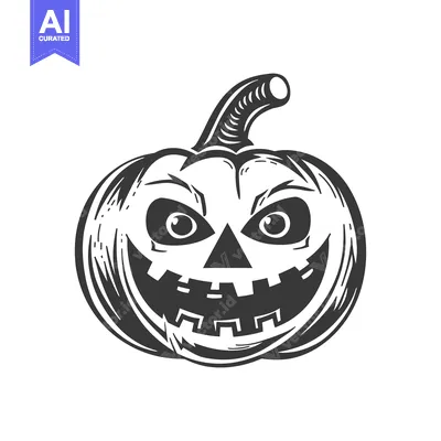 A black and white illustration of a grinning pumpkin face