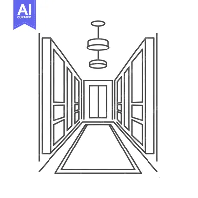 Aset desain premium: Elegant Hallway Line Art: Symmetrical Design with Chandelier and Eleva