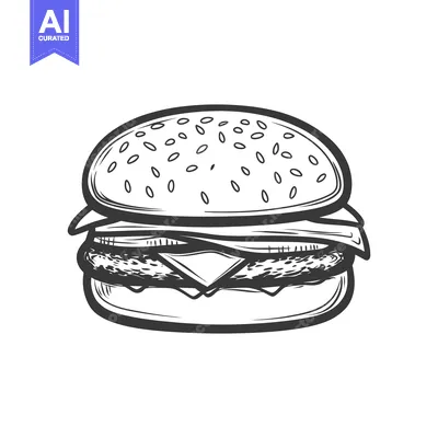 Aset premium populer: A detailed line art illustration depicts a stacked burger sandwich