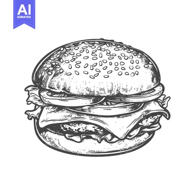 Aset desain premium: Detailed black and white illustration of a complete hamburger sandwich