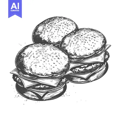 Aset premium populer: Three Delicious Cheeseburgers Illustrated in Black and White