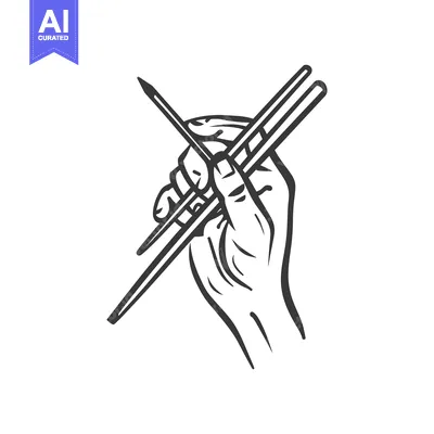 Aset premium populer: A hand holding chopsticks in a traditional line drawing style
