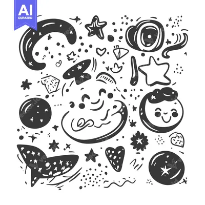 Aset desain premium: Hand-Drawn Abstract Design with Stars, Moons, and Geometric Shapes