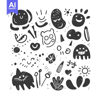 Aset desain premium: Hand-Drawn Abstract Doodle Pattern with Smiling Faces and Shapes