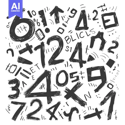 Premium design asset: Hand-drawn abstract illustration of numbers, symbols, and letters in b
