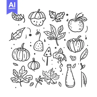 Aset premium populer: Hand-Drawn Autumn-Themed Elements, Including Pumpkins, Leaves, and a M