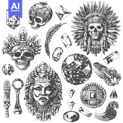 Aset desain premium: Hand-Drawn Aztec and Mayan Skulls, Feathers, and Crystals