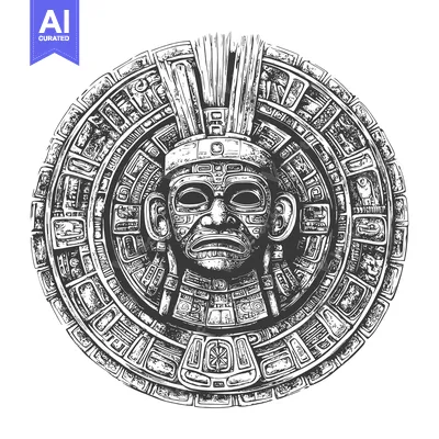 Aset desain premium: Hand-drawn Aztec Mask with Intricate Circular Design