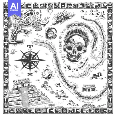 Aset desain premium: Hand-drawn Aztec or Mayan Style Treasure Map with Skull