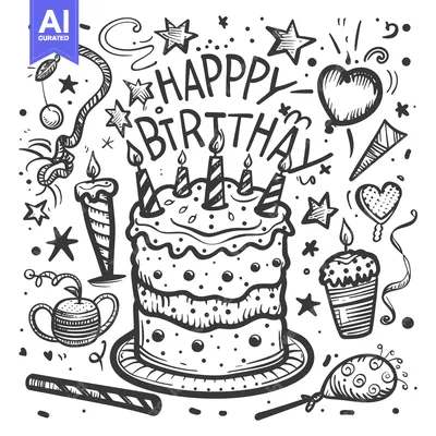 Aset desain premium: Hand-Drawn Birthday Cake with Candles and Decorations