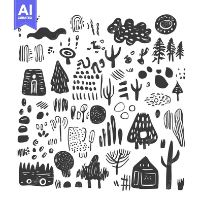 Aset desain premium: Hand-Drawn Black and White Abstract Forest Illustration