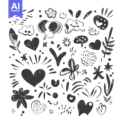 Aset desain premium: Hand-drawn black and white abstract shapes and symbols