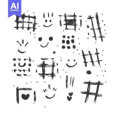 Aset premium populer: Hand-drawn Black and White Abstract Shapes with Smileys and Hearts