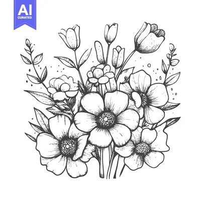 Popular premium asset: Hand-Drawn Black and White Bouquet of Flowers with Leaves