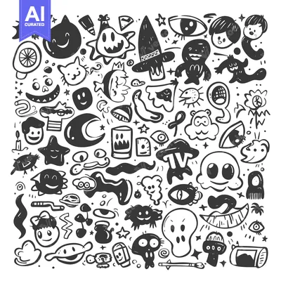 Aset premium populer: Hand-Drawn Black and White Cartoon Characters and Objects