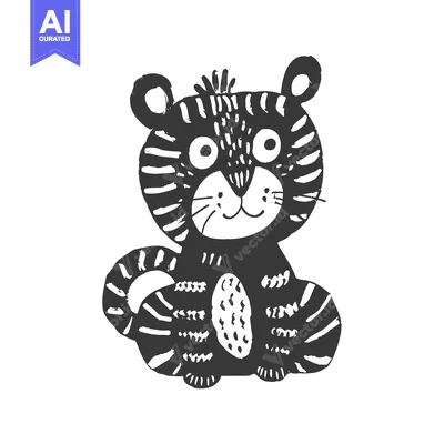 Aset desain premium: Hand-Drawn Black and White Cartoon Illustration of a Tiger Cub