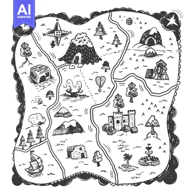Aset premium populer: Hand-Drawn Black and White Cartoon Treasure Map with Various Landmarks