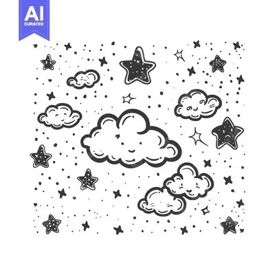 Hand-Drawn Black and White Clouds and Stars with Smiling Faces