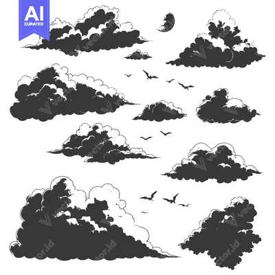 Aset premium populer: Hand-drawn Black and White Clouds with Birds and Crescent Moon