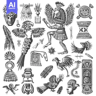 Aset premium populer: Hand-Drawn Black and White Collection of Ancient Mayan Symbols and Art