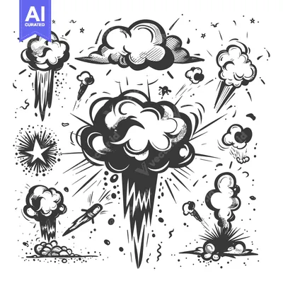Aset premium populer: Hand-Drawn Black and White Comic Book Explosions