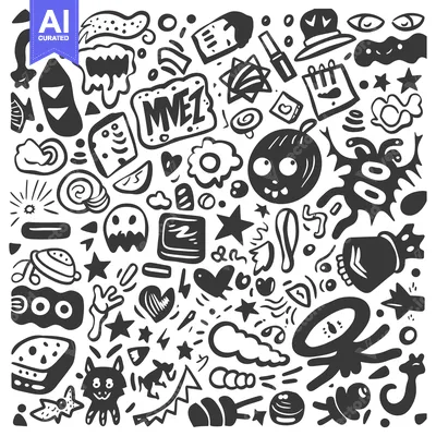 Aset premium populer: Hand-drawn Black and White Doodle Art with Various Shapes and Characte