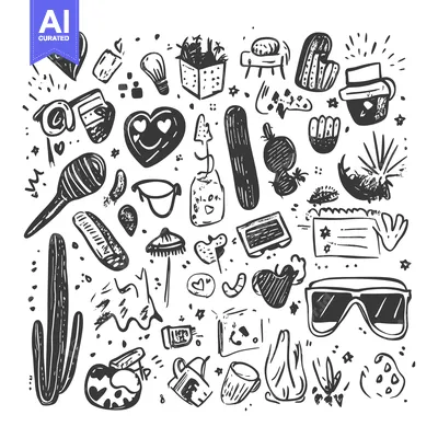 Aset desain premium: Hand-drawn Black and White Doodle Collection of Various Objects