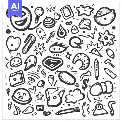 Aset premium populer: Hand-Drawn Black and White Doodle Collection of Various Shapes and Obj